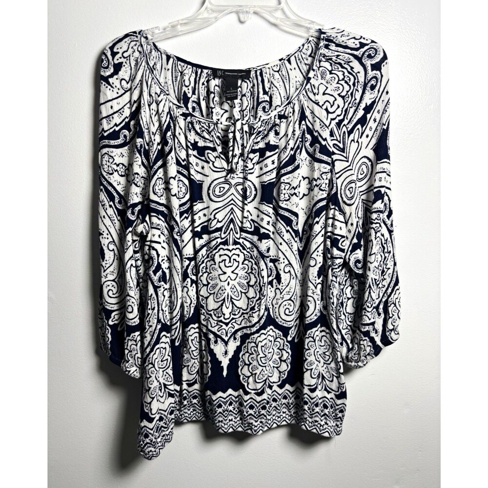 INC International Concepts Women L Blue/White Paisley 3/4 Slv Tie Neck Blouse